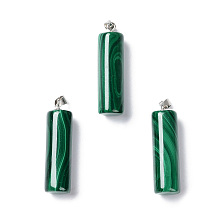 Honeyhandy Natural Malachite Pendants, Column Charms, with Silver Plated 925 Sterling Silver  Snap on Bails, 28.5x8mm, Hole: 2.5x4mm