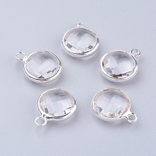 Honeyhandy Silver Color Plated Brass Glass Flat Round Charms, Faceted, Clear, 12x8.5x3mm, Hole: 1.5mm