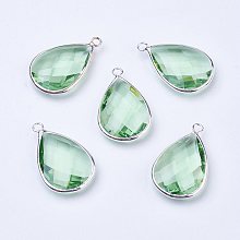 Honeyhandy Silver Color Plated Brass Glass Teardrop Pendants, Faceted, Light Green, 18x10x5mm, Hole: 2mm