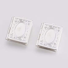 Honeyhandy Brass Photo Locket Pendants, Carved Pattern, Rectangle, Silver Color Plated, 26.5x18.5x4.5mm, Hole: 1.5mm, Inner Measure: 9.5x15mm