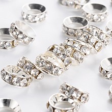 Honeyhandy Brass Rhinestone Spacer Beads, Grade A, Rondelle, Silver Color Plated, Crystal, 10x4.2mm, Hole: 5.2~5.7mm