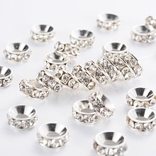 Honeyhandy Brass Rhinestone Spacer Beads, Grade A, Rondelle, Silver Color Plated, Crystal, 9x4mm