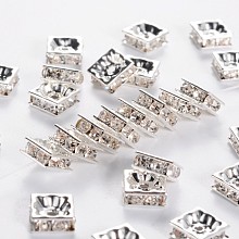 Honeyhandy Brass Rhinestone Spacer Beads, Square, Nickel Free, Silver Color Plated, Crystal, 8x8x4mm, Hole: 1mm