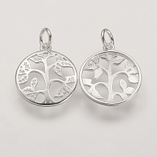 Honeyhandy 925 Sterling Silver Pendants, Flat Round with Tree of Life Tree, Silver, 16x14x2mm, Hole: 3mm