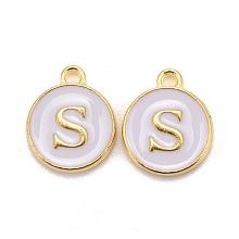 Honeyhandy Golden Plated Alloy Charms, Cadmium Free & Lead Free, with Enamel, Enamelled Sequins, Flat Round with Letter, White, Letter.S, 14x12x2mm, Hole: 1.5mm