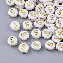 Honeyhandy Plating Acrylic Beads, Golden Metal Enlaced, Horizontal Hole, Flat Round with Alphabet, White, Letter.S, 7x3.5mm, Hole: 1.2mm, about 360pcs/50g