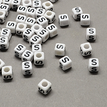 Honeyhandy Large Hole Acrylic Letter European Beads, Horizontal Hole, White & Black, Cube with Letter.S, 6x6x6mm, Hole: 4mm