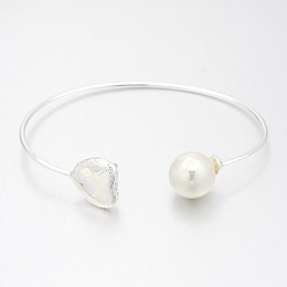 Honeyhandy Nickel Free Silver Color Plated Brass Glass Cuff Bangles, Torque Bangles, with Round Acrylic Pearl, WhiteSmoke, 50x64mm