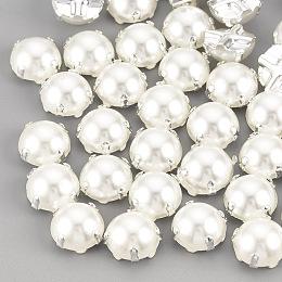 Honeyhandy ABS Plastic Imitation Pearl Shank Buttons, with Brass Findings, Half Round, Creamy White, Silver Color Plated, 8x8x5mm, Hole: 1mm