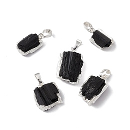 Honeyhandy Natural Black Tourmaline Pendants, Nuggets Charms, with Brass Findings, Cadmium Free & Lead Free, Silver, 16~27.5x9.5~17x7~11.5mm, Hole: 5x8mm