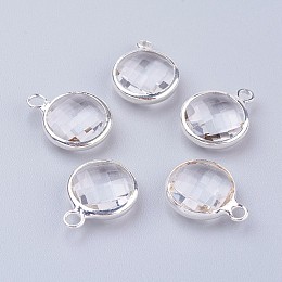 Honeyhandy Silver Color Plated Brass Glass Flat Round Charms, Faceted, Clear, 12x8.5x3mm, Hole: 1.5mm