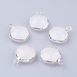 Honeyhandy Silver Color Plated Brass Glass Flat Round Charms, Faceted, Creamy White, 12x8.5x3mm, Hole: 1.5mm