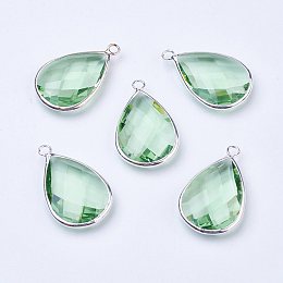 Honeyhandy Silver Color Plated Brass Glass Teardrop Pendants, Faceted, Light Green, 18x10x5mm, Hole: 2mm