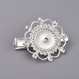 Honeyhandy Hair Accessories Iron Alligator Hair Clip Findings, with Brass Filigree Flower Cabochon Bezel Settings, Silver Color Plated, Tray: 12mm, 34.5mm, Flower: 28mm