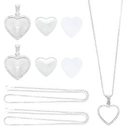 Pandahall Elite 2 Sets Heart Photo Pendant, Silver Rhinestone Bezel Charms 2pcs Heat Transfer Pendant with 2pcs Glass Cover 2pcs 24-1/4 inches Chain for Photo Pendant Jewelry, Valentine's Day