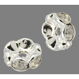 Honeyhandy Brass Rhinestone Spacer Beads, Grade A, Wavy Edge, Silver Color Plated, Rondelle, Crystal, 12x4mm, Hole: 2.5mm