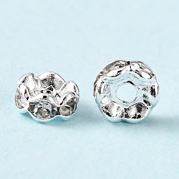 Honeyhandy Brass Rhinestone Spacer Beads, Grade A, Wavy Edge, Silver Color Plated, Rondelle, Crystal, 6x3mm, Hole: 1mm