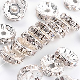 Honeyhandy Brass Rhinestone Spacer Beads, Grade A, Straight Flange, Silver Color Plated, Rondelle, Crystal, 10x4mm, Hole: 2mm