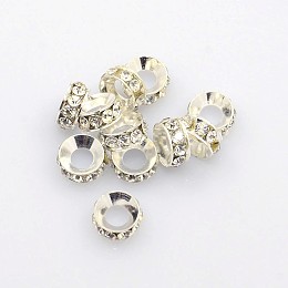 Honeyhandy Brass Rhinestone Spacer Beads, Grade A, Rondelle, Silver Color Plated, Crystal, 7x3.3mm