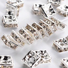 Honeyhandy Brass Rhinestone Spacer Beads, Grade A, Square, Nickel Free, White, Silver Color Plated, Size: about 6x6x3mm, hole: 1mm