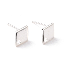 Honeyhandy 201 Stainless Steel Stud Earring Findings, with Hole and 316 Stainless Steel Pin, Rhombus, 925 Sterling Silver Plated, 9x7mm, Hole: 1mm, Pin: 0.7mm