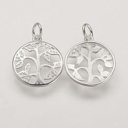 Honeyhandy 925 Sterling Silver Pendants, Flat Round with Tree of Life Tree, Silver, 16x14x2mm, Hole: 3mm