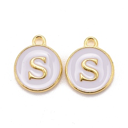 Honeyhandy Golden Plated Alloy Charms, Cadmium Free & Lead Free, with Enamel, Enamelled Sequins, Flat Round with Letter, White, Letter.S, 14x12x2mm, Hole: 1.5mm