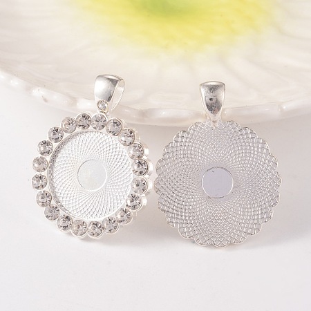 Honeyhandy Flat Round Alloy Rhinestone Pendant Cabochon Settings, Cadmium Free & Lead Free, Silver Color Plated, Crystal, Tray: 20mm, 38x29.5x3mm, Hole: 4x7mm, about 45pcs/bag