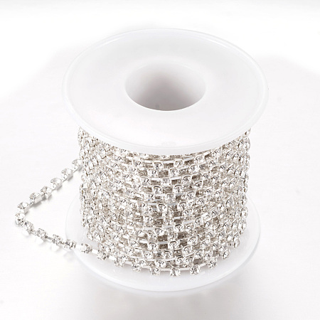 ARRICRAFT Brass Rhinestone Strass Chains, with Spool, Rhinestone Cup Chains, Silver Color Plated, Crystal, 3.5mm, about 10yards/roll