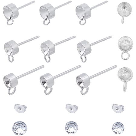 UNICRAFTALE About 30 Sets 3.5/4.5/5.5mm Stainless Steel Stud Earring with Rhinestone Cabochons Silver Color Earring Bezel with Earring Backs Cabochons Setting for DIY Earring Making