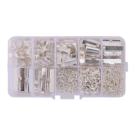 PandaHall Elite Silver Jewelry Finding Sets with Mixed Sizes Ribbon End Drop Ends Jump Ring Chains Class Learning Lots