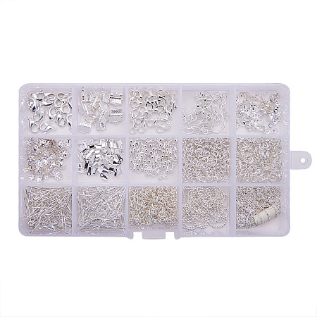 PandaHall Elite Silver Jewelry Finding Kits with Fold Over Ends Knot Covers Ball Chain Extensions End Pieces Earring Hooks Head Pins Lots in In A Box, about 870pcs/box