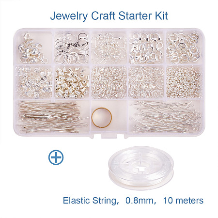 PandaHall Elite About 1050Pcs Jewelry Craft Starter Kit with Earring Findings Crimp Beads Elastic Fibre Wire and Head Pins in One Box Silver