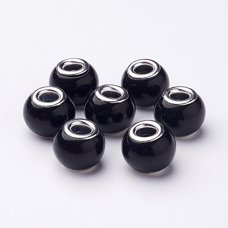 Spray Painted Glass European Beads, with Brass Silver Color Plated Cores, Large Hole Beads, Rondelle, Black, 15x12mm, Hole: 5mm