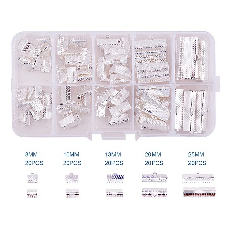 PandaHall Elite Assorted Sizes of Silver Ribbon Pinch Crimp Clamp End Findings Cord Ends for Jewelry Craft Supplies, about 100pcs/box