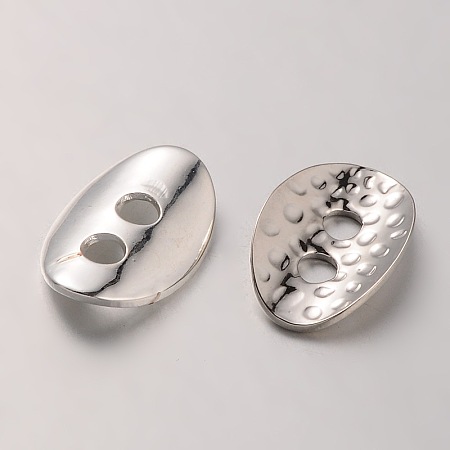Honeyhandy Brass Buttons, 2-Hole, Hammered Oval, Silver Color Plated, 14x10x1mm, Hole: 2mm