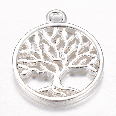 Honeyhandy Brass Pendants, Flat Round with Tree of Life, Silver Color Plated, 18x15x2mm, Hole: 1.5mm