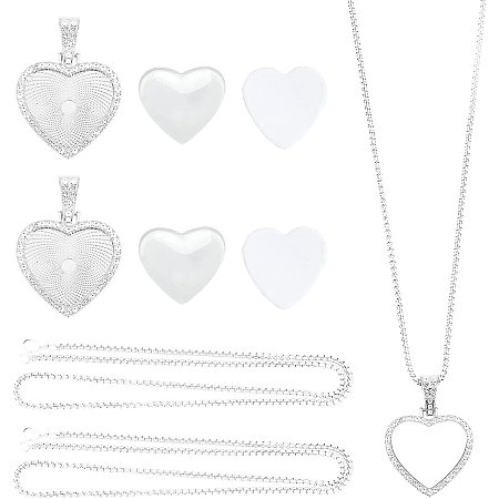 Pandahall Elite 2 Sets Heart Photo Pendant, Silver Rhinestone Bezel Charms 2pcs Heat Transfer Pendant with 2pcs Glass Cover 2pcs 24-1/4 inches Chain for Photo Pendant Jewelry, Valentine's Day