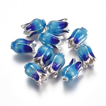 Alloy Enamel Beads, Flower, Deep Sky Blue, Silver Color Plated, 11x7mm, Hole: 1.8mm; Inner Diameter: 3.5mm