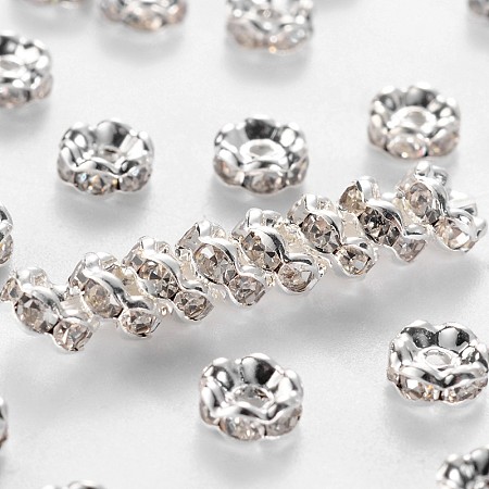 Honeyhandy Brass Rhinestone Spacer Beads, Grade A, Crystal, Wavy Edge, Rondelle, Silver Color Plated, 5x2.5mm, Hole: 1mm
