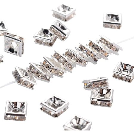 Pandahall Elite 100pcs 5mm Square Crystal Rhinestone Spacer Beads Sliver Plated Brass Rondelle Spacer Beads for Jewelry Making, Nickel Free