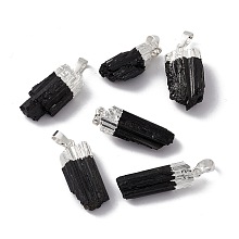 Honeyhandy Natural Black Tourmaline Pendants, Nuggets Charms, with Brass Findings, Cadmium Free & Lead Free, Silver, 23~33x8.5~15x6~11.5mm, Hole: 5x8mm