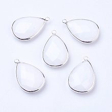 Honeyhandy Silver Color Plated Brass Glass Teardrop Pendants, Faceted, Snow, 18x10x5mm, Hole: 2mm