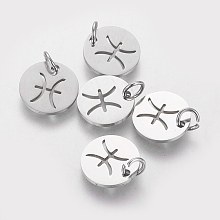 Honeyhandy 304 Stainless Steel Charms, Flat Round with Constellation/Zodiac Sign, Pisces, 12x1mm, Hole: 3mm