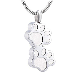 Honeyhandy Stainless Steel Double Paw Print Urn Ashes Pendant Necklace, Memorial Jewelry for Women, Stainless Steel Color, 19.69 inch(50cm)