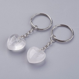 Honeyhandy Natural Quartz Crystal Keychain, with Platinum Iron Findings, Heart, 72mm