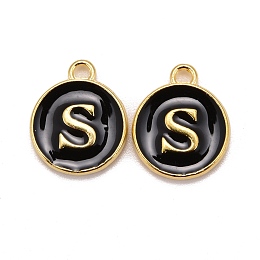 Honeyhandy Golden Plated Alloy Charms, Cadmium Free & Lead Free, with Enamel, Enamelled Sequins, Flat Round with Letter, Black, Letter.S, 14x12x2mm, Hole: 1.5mm