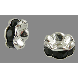 Honeyhandy Brass Rhinestone Spacer Beads, Grade A, Wavy Edge, Silver Color Plated, Rondelle, Jet, 6x3mm, Hole: 1mm