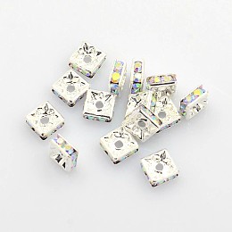 Honeyhandy Brass Rhinestone Spacer Beads, Beads, Grade A, Square, Nickel Free, AB color, Clear AB, Silver Color Plated, Size: about 6mmx6mmx3mm, hole: 1mm