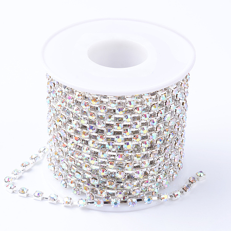 ARRICRAFT Brass Rhinestone Strass Chains, with Spool, Rhinestone Cup Chains, Silver Color Plated, Crystal AB, 2.8mm, about 10yards/roll